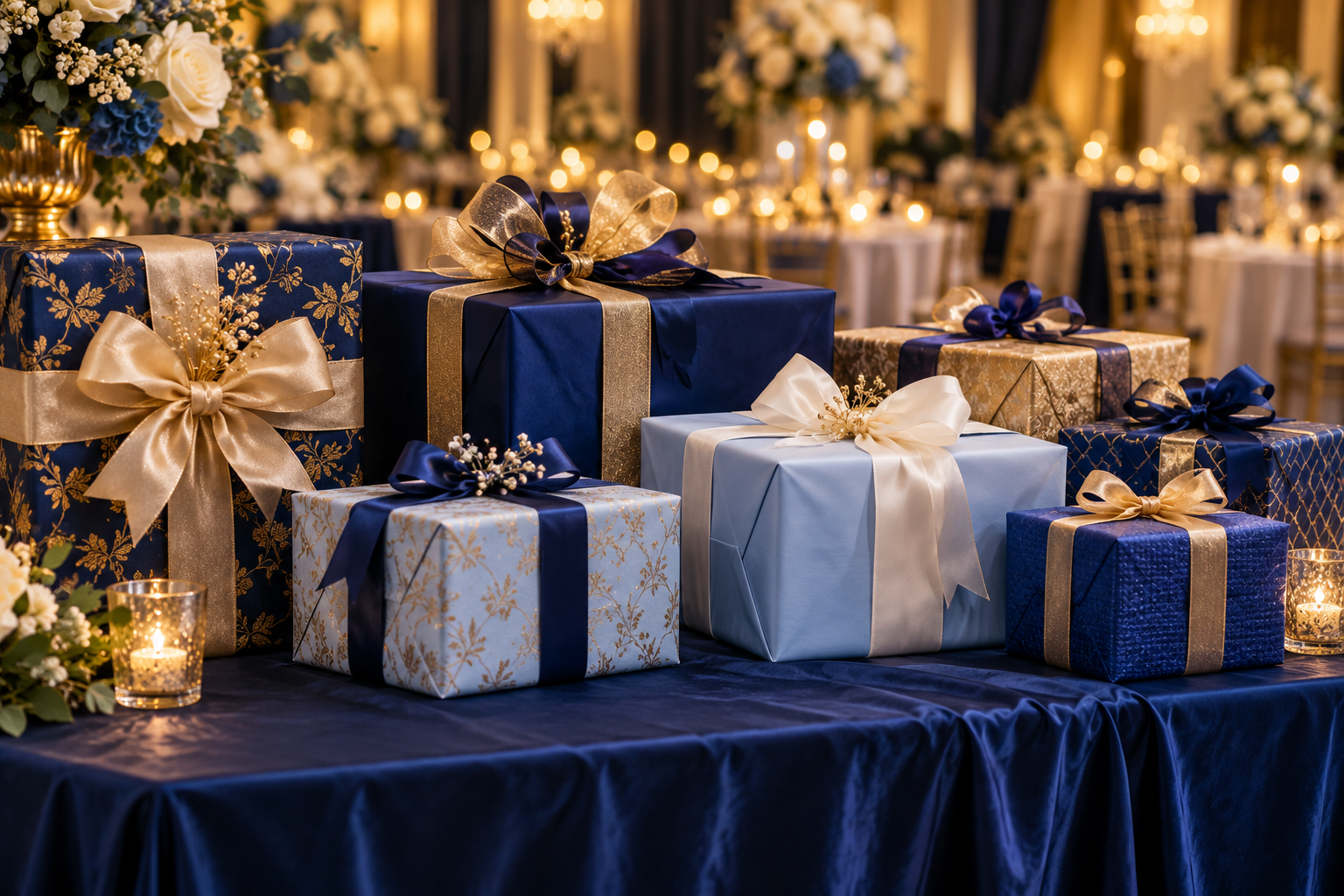 Mesa con regalos envueltos en tonos azules y listones dorados