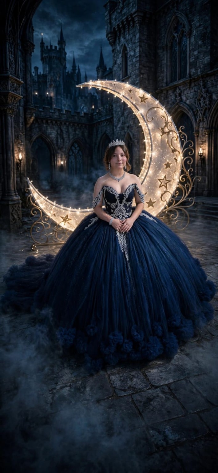 Tamara con vestido azul marino junto a una luna iluminada y un castillo